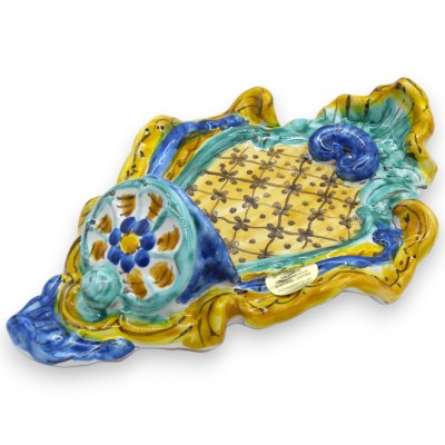 Acquasantiera in ceramica Siciliana - h 23 x L 14 cm ca. fondo verde e giallo, decoro fiore e barocco MD3