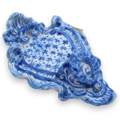 Sicilian ceramic holy water stoup, h 23 cm x W 15 cm approx. Baroque motif, antique blue background MD9
