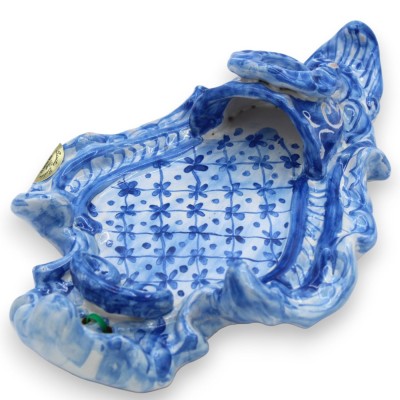 Sicilian ceramic holy water stoup, h 23 cm x W 15 cm approx. Baroque motif, antique blue background MD9