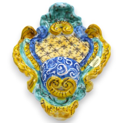 Sicilian ceramic holy water stoup - approx. 23 x 14 cm high, baroque decoration, green and blue background, MD12