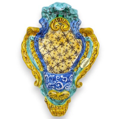 Sicilian ceramic holy water stoup - approx. 23 x 14 cm high, baroque decoration, green and blue background, MD12