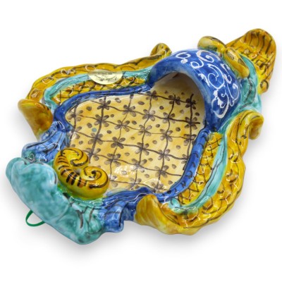Sicilian ceramic holy water stoup - approx. 23 x 14 cm high, baroque decoration, green and blue background, MD12