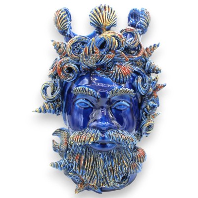 Sicilian Moor's Head (1 Unit) approx. 40 x 26 cm. Sicilian ceramic, Marine model with applications, blue background.