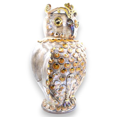 Gufo Vaso Porta Segreti SERIE LUX ceramica Caltagirone, h 52 x 36 cm ca. Smalto Oro Zecchino 24k e Madreperla