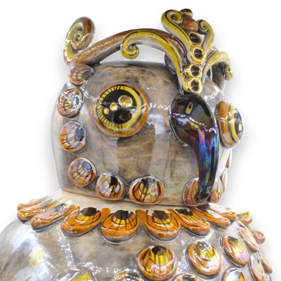Jarrón Búho para Secretos, SERIE LUX, cerámica de Caltagirone, aprox. 52 x 36 cm. Esmalte Oro 24k y Nácar.