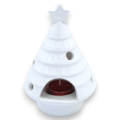 Perforerad ljusstake, i fin keramik, h 16 x 11,5 cm - med stjärnspets, blank vit