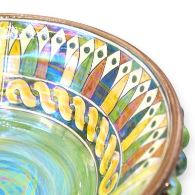 Alzata Pigna in ceramica Caltagirone, Ø 30 cm ca. Nelle varianti del Verde, decoro carretto siciliano e smalto madreperla MD4