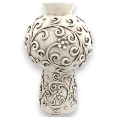 Vase with decorative floral applications in relief, Modern style, fine Caltagirone ceramic, approx. 40 cm high, Antique White