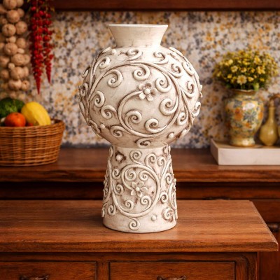 Vase with decorative floral applications in relief, Modern style, fine Caltagirone ceramic, approx. 40 cm high, Antique White