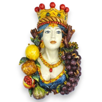 Busto mural de cerámica de Caltagirone (para colgar). "Diosa de la Fruta", aprox. 32 x 22 cm. Fondo azul.