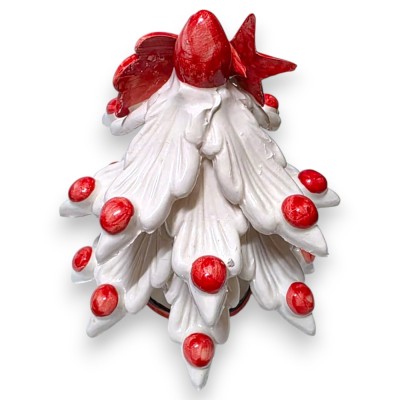 Árbol de Navidad de cerámica de Caltagirone, aprox. 15 x 14 cm. Blanco con adorno y bolas rojas.