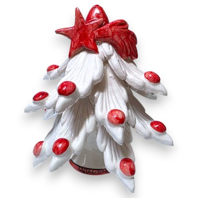 Árbol de Navidad de cerámica de Caltagirone, aprox. 15 x 14 cm. Blanco con adorno y bolas rojas.