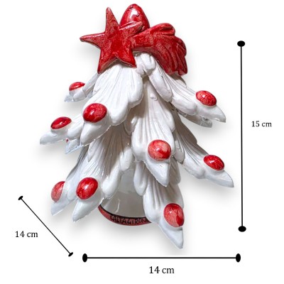 Albero di Natale in ceramica di Caltagirone, h 15 x 14 cm ca. Bianco con puntale e palline rosse