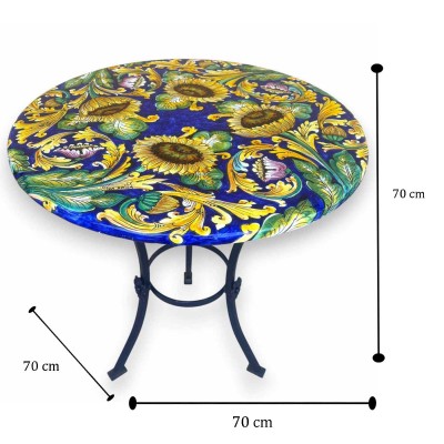 Mesa redonda de piedra volcánica del Etna con pedestal de hierro forjado, Ø 70 cm x h 70 cm aprox. Decoración barroca con giraso