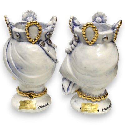 Sicilianska moriska huvuden (par) ca 17 cm höga, Caltagirone-keramik, antikblå, färdigställda med 24k guld och platina emalj.