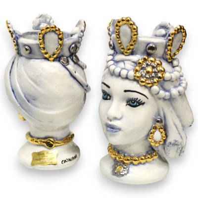 Sicilianska moriska huvuden (par) ca 17 cm höga, Caltagirone-keramik, antikblå, färdigställda med 24k guld och platina emalj.