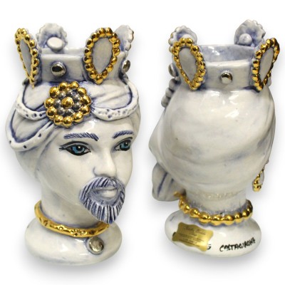 Sicilianska moriska huvuden (par) ca 17 cm höga, Caltagirone-keramik, antikblå, färdigställda med 24k guld och platina emalj.