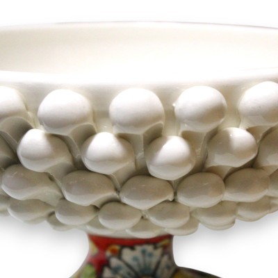 Caltagirone ceramic pine cone stand, Ø 25 cm, white - multicoloured and floral Baroque stem decoration