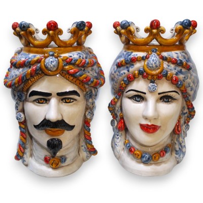 Teste di moro Siciliane, h 25 cm ca. (coppia) ceramica Caltagirone, con Corona e Trecce, Blu Antico