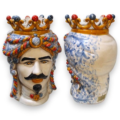 Cabezas moriscas sicilianas, aprox. 25 cm de altura (par), cerámica de Caltagirone, con corona y trenzas, azul antiguo
