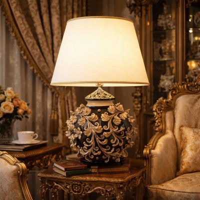 Barokbollamp, Caltagirone-keramiek, ca. 70 x 45 cm. Applicaties van acanthusbladeren en -bloemen, zwarte achtergrond.