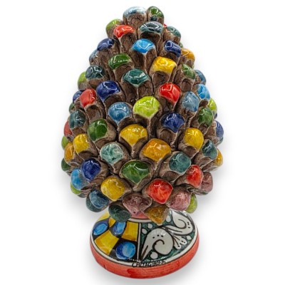 Siciliaanse dennenappel van Caltagirone-keramiek, veelkleurig Harlekijn-patroon, ca. 20 x 13 cm. Meervoudig gedecoreerd.