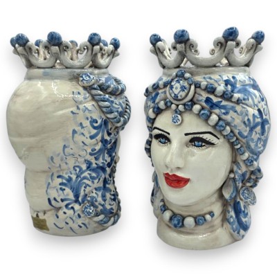 Teste di Moro Siciliane (coppia) h 25 cm ca. ceramica Caltagirone, Modello Treccia, Blu Antico