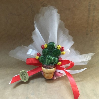 Bomboniere calamita vasetto con pala ficodindia in ceramica con saccoccino in velo di fata e 5 confetti - 