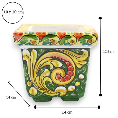 Fyrkantig vas, Caltagirone keramik, L 14 x H 12 cm ca. Barockdekor, skogsgrön bakgrund