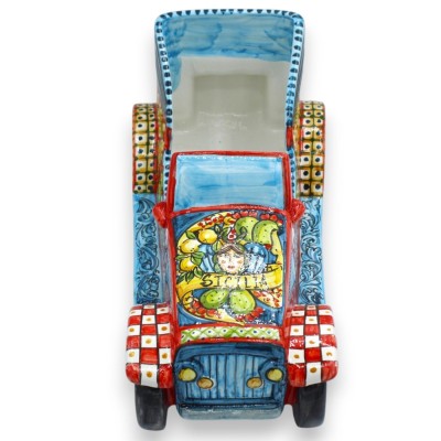 Retro cabriolet, Caltagirone keramiek, ca. 33 x 15 cm hoog. Siciliaanse kardecoratie.