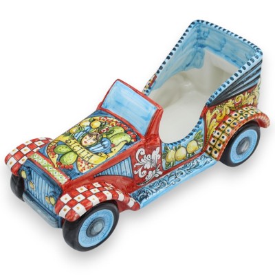 Retro-Cabriolet, Caltagirone-Keramik, ca. 33 x 15 cm hoch. Sizilianische Wagendekoration.