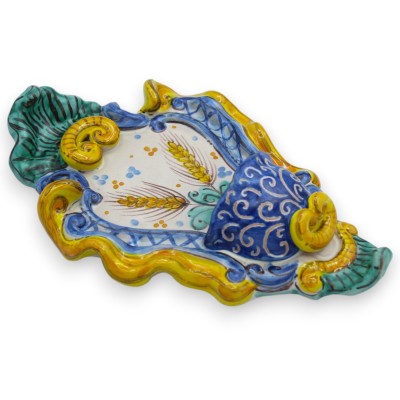 Pila de agua bendita de cerámica siciliana - aprox. 23 x 14 cm de alto, decoración barroca y de trigo, fondo azul antiguo MD8