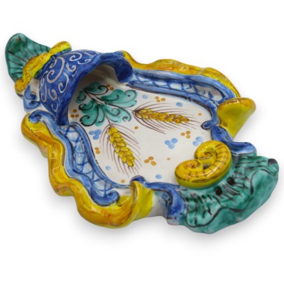 Pila de agua bendita de cerámica siciliana - aprox. 23 x 14 cm de alto, decoración barroca y de trigo, fondo azul antiguo MD8