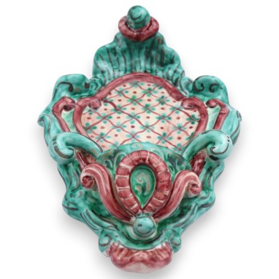 Pila de agua bendita de cerámica siciliana - aprox. 22 x 14 cm de alto, decoración barroca, fondo Verderame MD14