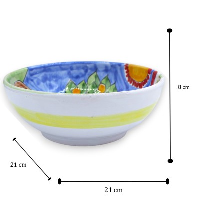 Kom van fijn Siciliaans keramiek, Ø 20 x h 8 cm ca., met decoratie van een sinaasappeloogst.