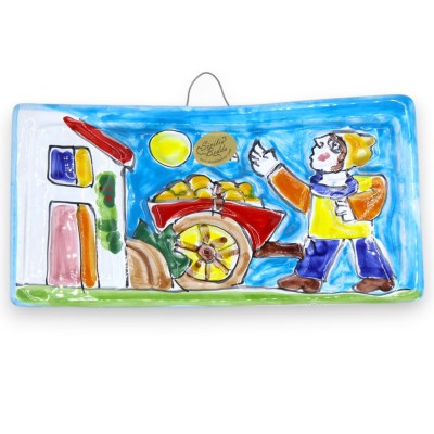 Hängendes Paneel/Fliese aus feiner sizilianischer Keramik, ca. L 20 x H 10 cm. Zitronenverkaufsszene.