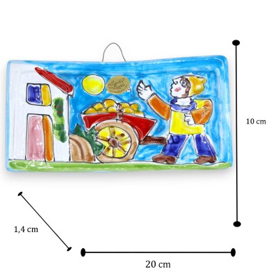 Hanging Panel/Tile, in fine Sicilian ceramic, approx. L 20 x H 10 cm. Lemon sale scene.