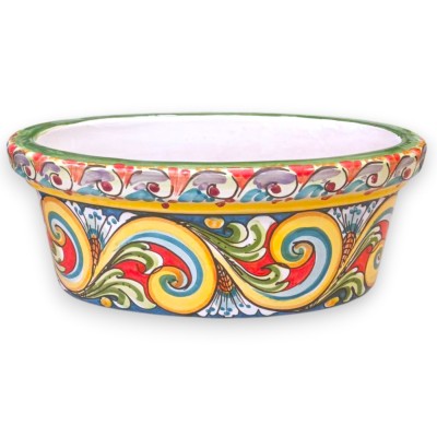 Oval vase, Caltagirone ceramic, approx. 35 x 22 x 14 cm, multi-coloured baroque decoration, blue and green background.