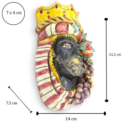 Mural Cabeza de Moro (para colgar) Cerámica de Caltagirone, altura 20 cm aprox. (1 unidad) Corona, granada y uvas