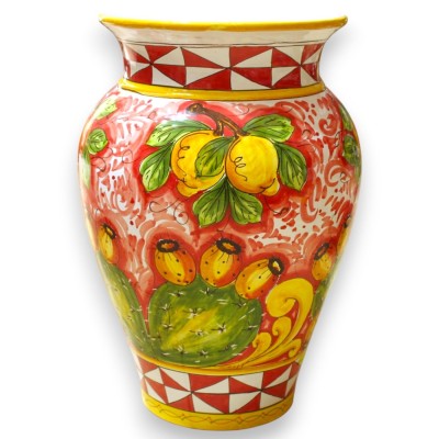 Vaso porta-guarda-chuvas em cerâmica siciliana - aproximadamente 50 cm de altura x 35 cm de diâmetro. Fundo vermelho com decoraç