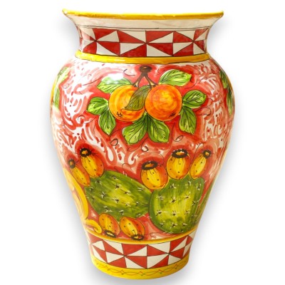 Paraplu-standaard vaas, Siciliaans keramiek - h 50 x Ø 35 cm ca. Rode achtergrond, decoratie met gemengd fruit en een Siciliaans