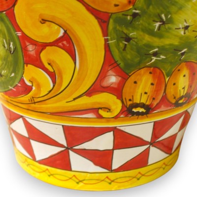 Paraplu-standaard vaas, Siciliaans keramiek - h 50 x Ø 35 cm ca. Rode achtergrond, decoratie met gemengd fruit en een Siciliaans