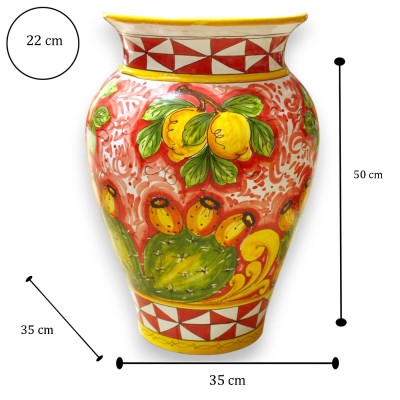 Paraplu-standaard vaas, Siciliaans keramiek - h 50 x Ø 35 cm ca. Rode achtergrond, decoratie met gemengd fruit en een Siciliaans