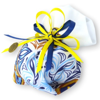 Torba bawełniana z nadrukiem sycylijskiej majoliki, biała bordiura, wstążka organzowa Elegance, 5 konfetti, wys. ok. 13 x 11 cm.