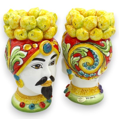 Sizilianische maurische Köpfe (Paar), ca. 22 cm hoch. Caltagirone-Keramik, Zitronenkranz, barocke Verzierung.