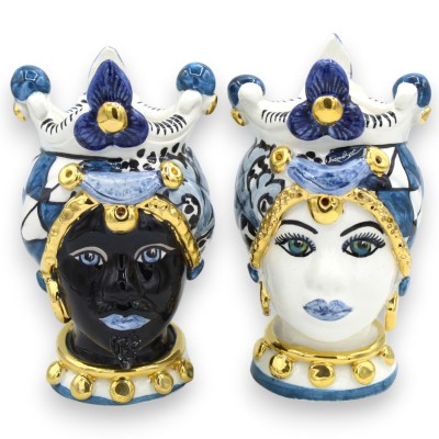 Sicilian Moorish Heads (pair) approx. 17 cm high. Caltagirone ceramic, crown and modern decoration, 24k gold enamel.