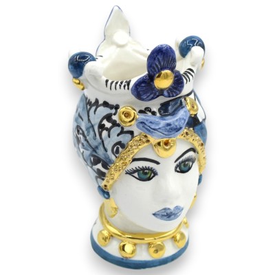 Sicilian Moorish Heads (pair) approx. 17 cm high. Caltagirone ceramic, crown and modern decoration, 24k gold enamel.