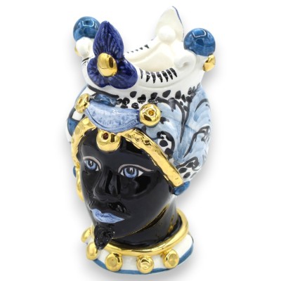 Sicilian Moorish Heads (pair) approx. 17 cm high. Caltagirone ceramic, crown and modern decoration, 24k gold enamel.