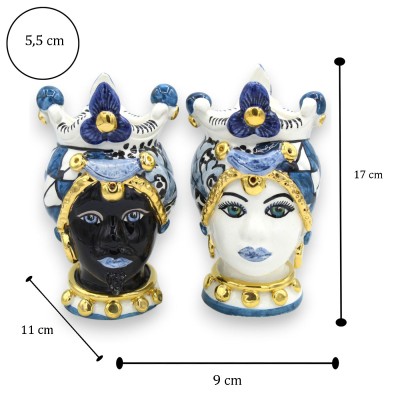 Sicilian Moorish Heads (pair) approx. 17 cm high. Caltagirone ceramic, crown and modern decoration, 24k gold enamel.