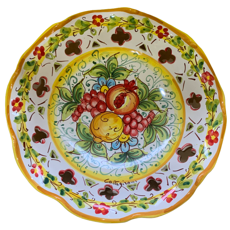Centrotavola smerlato traforato in ceramica Caltagirone con 2 opzioni misura (1pz) decoro frutta mista - 